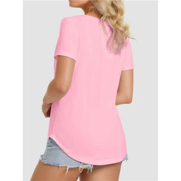 Womens V Neck Short Sleeve Summer T Shirts Curved Hem Plain Top Beach - Picture 2 of 7